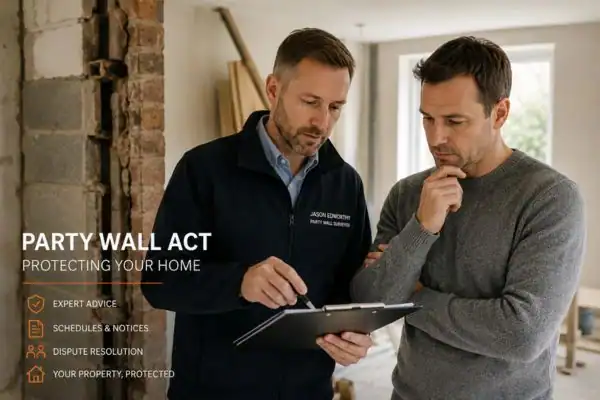 Party wall surveyor Abingdon-on-Thames discussing extension plans with homeowner outside a UK semi-detached house.
